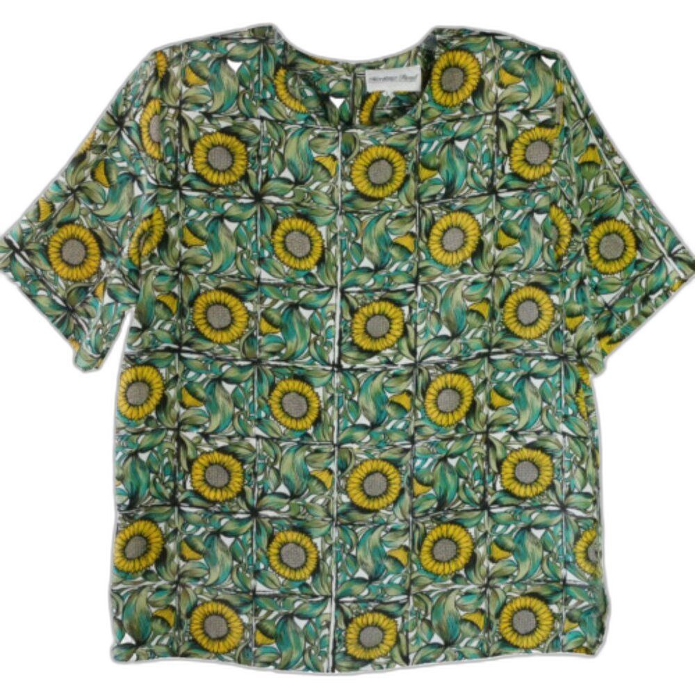 Vtg Heritage Road Womens Top Size M Green Sunflower Print Colorful Retro Blouse